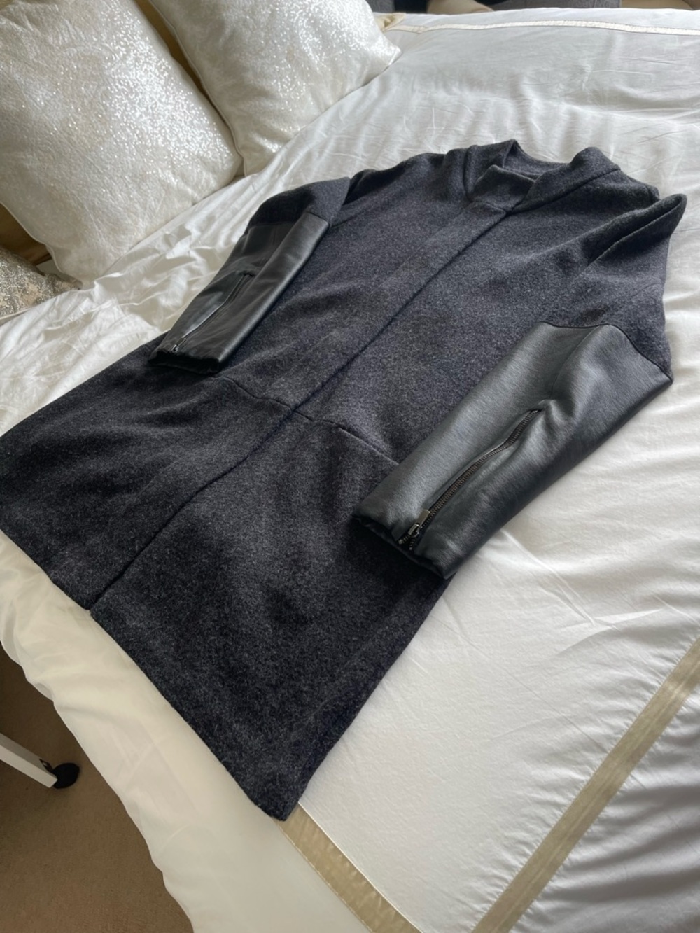 Eileen Fisher Wool Coat with Leather Sleeve Panels with Zipper Detail